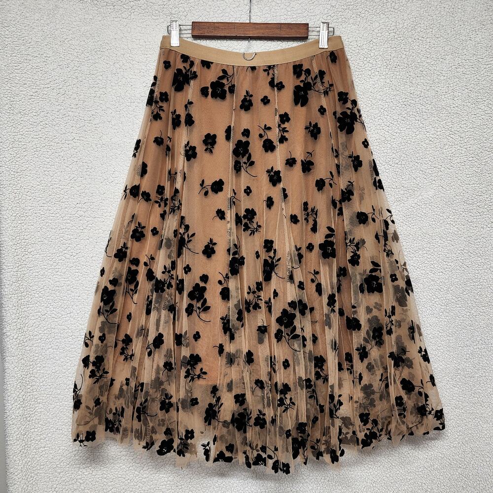 Chicwish Floral Tulle Midi Skirt Size L/XL Black Tan Flowy Dark Fairy Whimsygoth